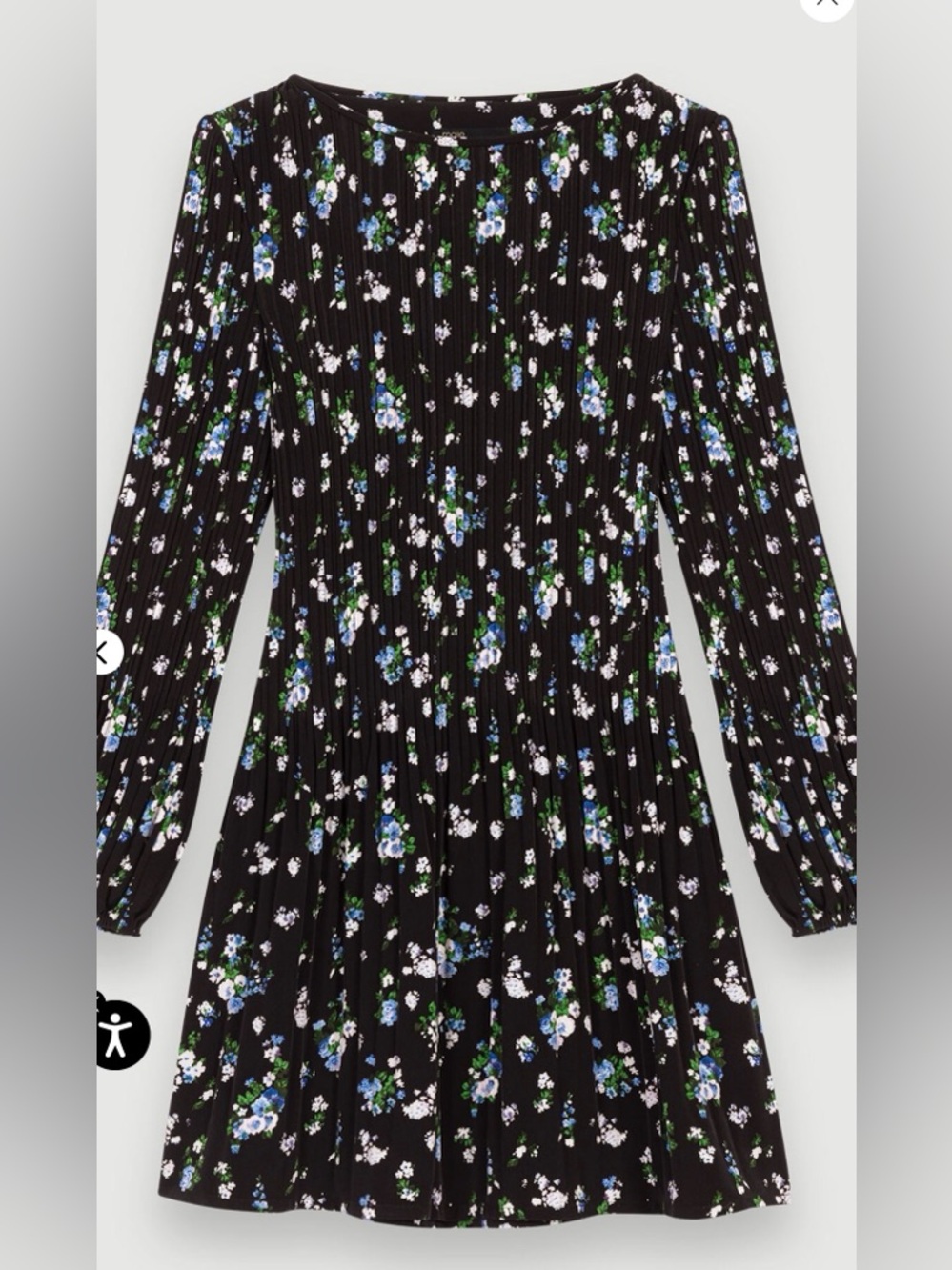 Maje Pleated Floral Mini Dress — Black/Blue — Size 36 — Like New